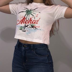 White cropped “aloha” tee